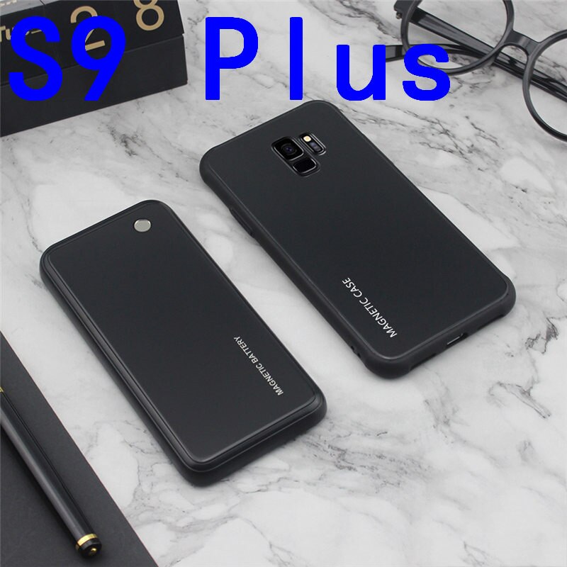 Slim Gradient Tempered glass Magnetic Wireless charger Case For Samsung Galaxy S8 S9 Plus Power Bank Battery Charging Case Cover: S9 Plus-Black