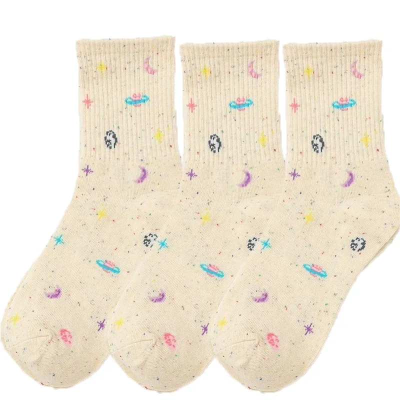Calcetines divertidos con de estrellas y Luna para mujer, calcetín de tubo espacial con planeta Harajuku, colorido, dulce, cálido, informal, ropa de calle Meias: Beige