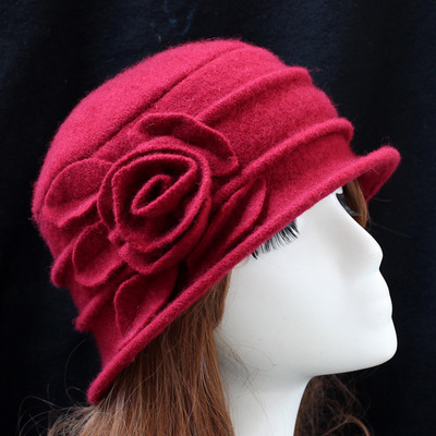 7 Colors Middle Aged Women Dome Fedora 100% Wool Hat Mom Hats For Autumn Winter Solid Floral Warm Floppy Hat Chapeau Femme: red dates