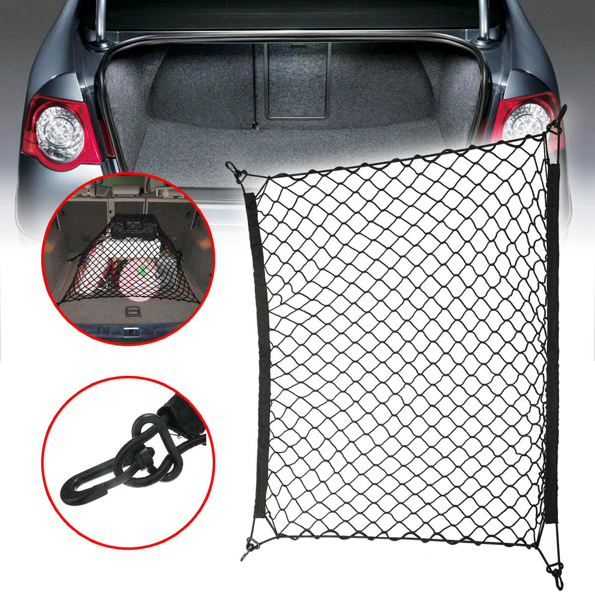 Universelt 100 x 100cm bagasjenett for bil med 4 kroker elastisk bagasjenett lastorganisator oppbevaring nylonnett bilinteriørnett