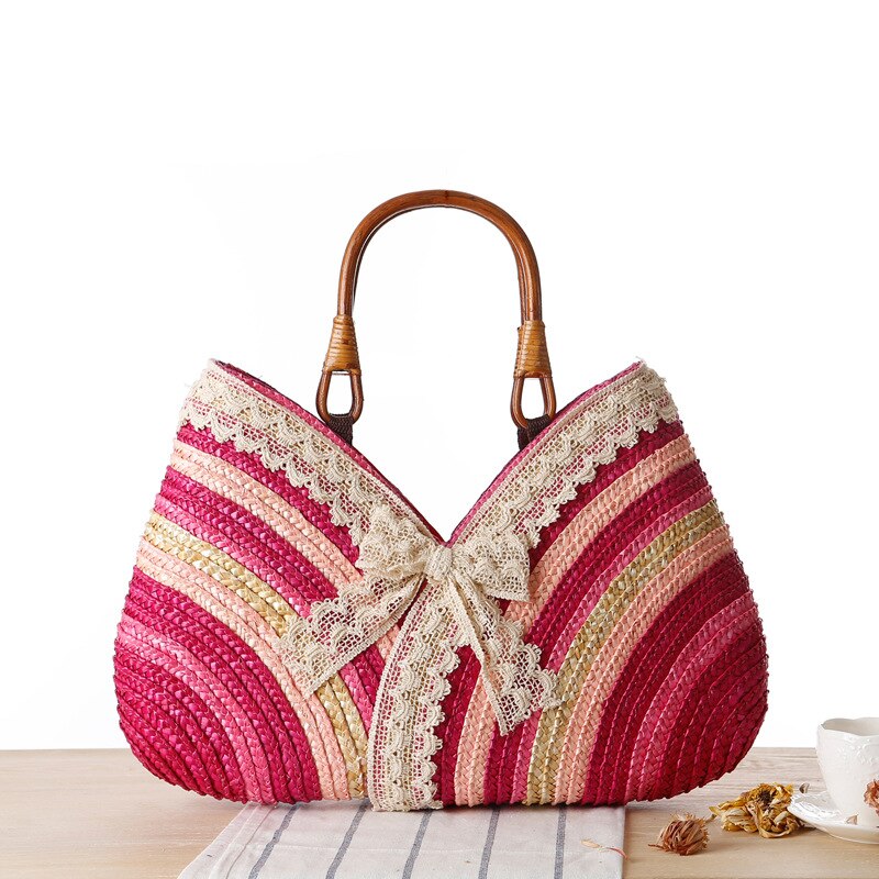 Mode Bohemen Zomer Vrouwen Kant Boog Stro Weven Rotan Handtas stro Strandtas Geweven Schouder Tote Shopping Beach Bag: Hot Pink