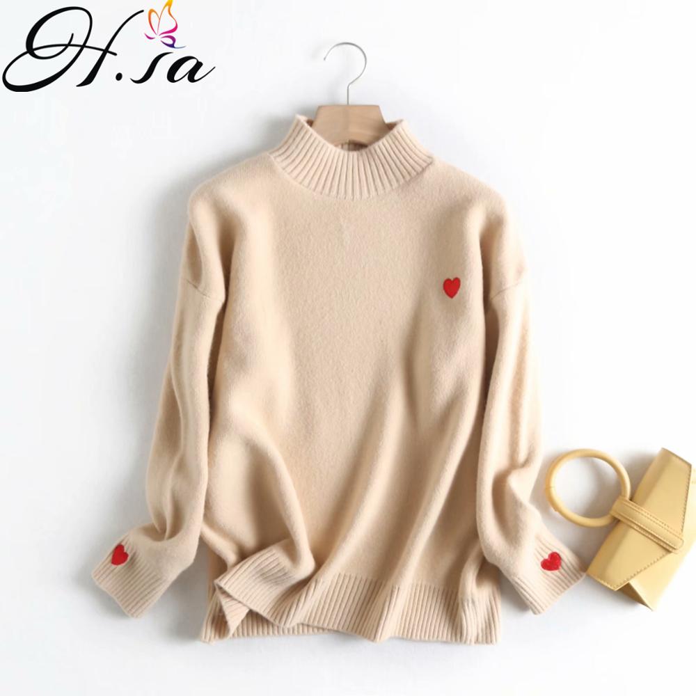 H. Sa Vrouwen Winter Trui En Gebreide Jumpers Coltrui Pull Femme Hart Borduurwerk Sueter Mujer Winter Pull Trui