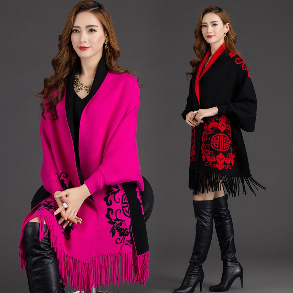de para mujer Otoño Invierno Warmv patrón de flores Slit mezcla de lana a cuadros manta capa de Poncho abrigo chales con borlas bufanda