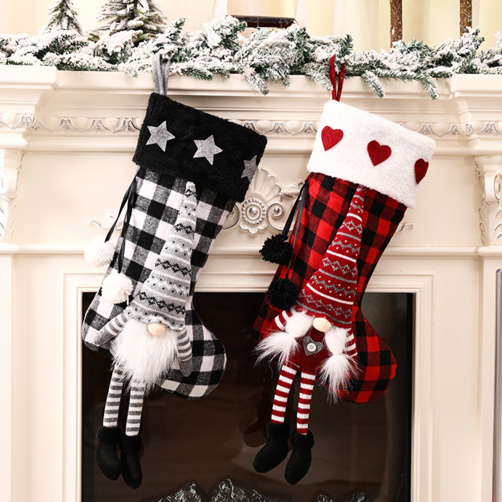 1Pcs Kerstman Pop Kerst Pet Kousen Breien Kerst Decorating Plaid Kous Snoep Kralen Tas Opknoping Ornament