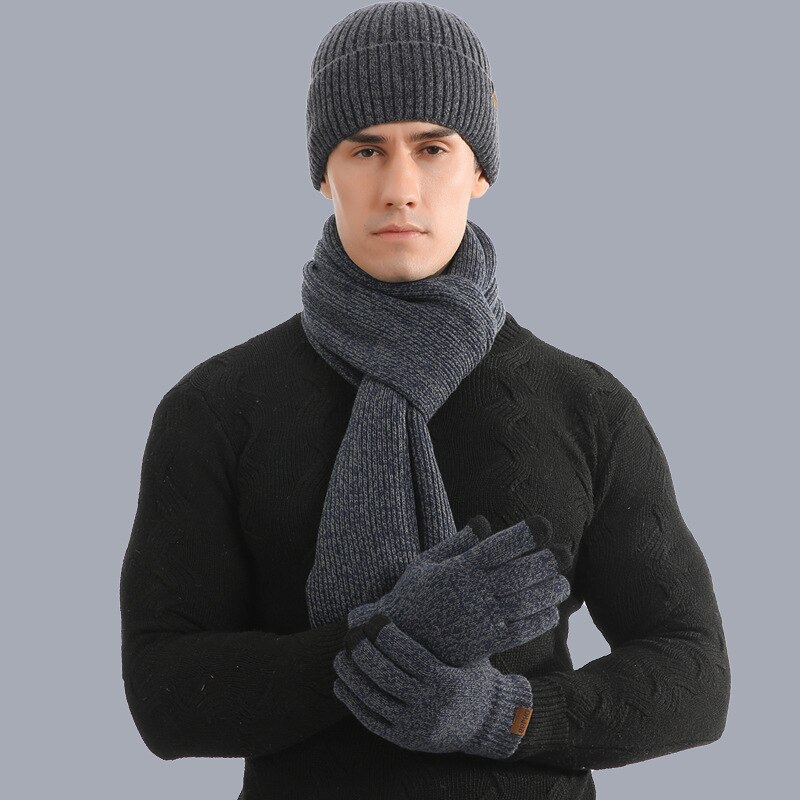 Høst og vinter varm dress blandet farge strikket herre ull tykk lue skjerf herre hansker tre for menn