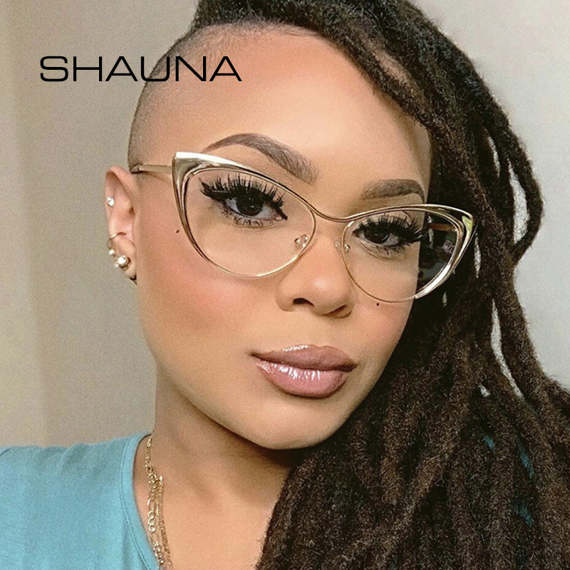Shauna Anti-Blauw Licht Mode Vrouwen Cat Eye Optische Brilmonturen Lente Hinger Metalen Gradiënt Zonnebril UV400