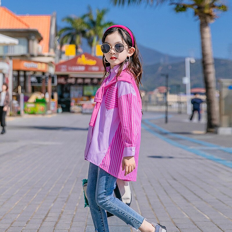 Camicie a righe rosa coreane per ragazze adolescenti bambini colletto rovesciato in cotone Patchwork a righe top camicette a maniche lunghe per bambini