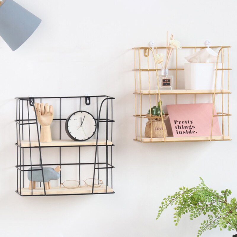 Grid Wall Mounted Hanging Home Bedroom Display Hook Flower stand Shelf Hexagonal 3 layers Iron Rack Organizer Art