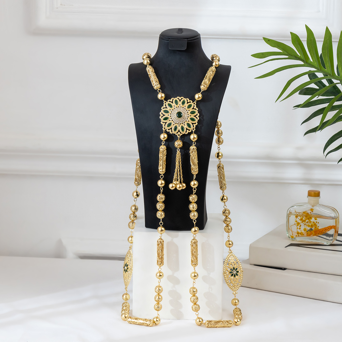 Marokkaanse Bruid Lichaam Sieraden Goud Kleur Luxe Bruiloft Rug Kristallen Schouderketting Sieraden Kaftan Lange Ketting: Gerhodineerd