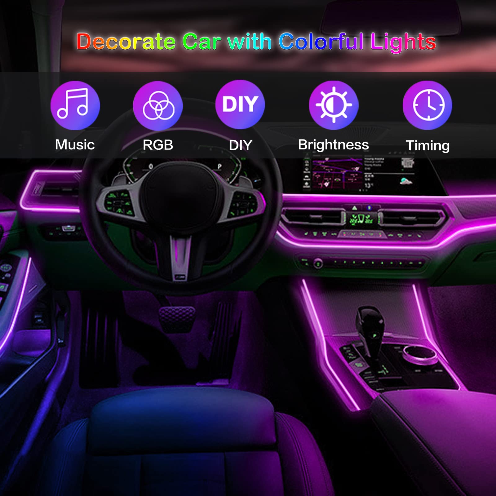 Tira de luces LED para Interior de coche, Kit de iluminación de neón de fibra óptica RGB con Control remoto por aplicación, lámparas decorativas automáticas