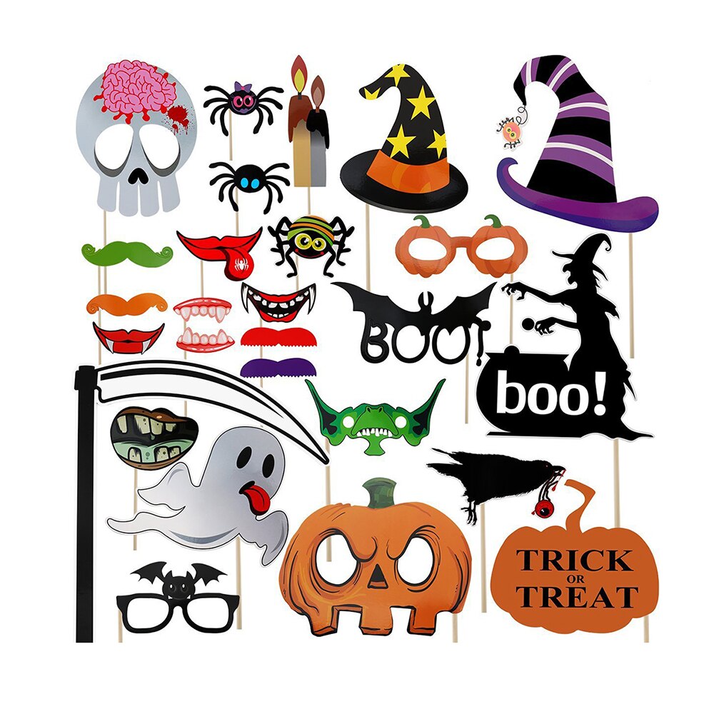 27 Pcs Halloween Photo Booth Props DIY Kit Scary Party Supplies Funny Party Lips Skull Hat Halloween Party Decorations