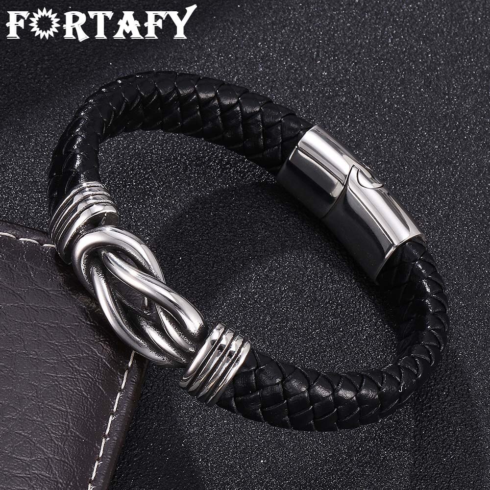 FORTAFY Leather Bracelets for Men Black Braided Bracelet Stainless Steel Clasp Wristband Male Jewelry FRPW803