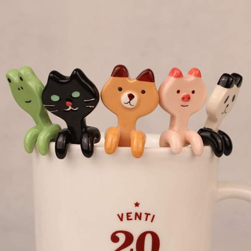 1pc søde dyre keramik kaffeske frø, panda, sort kat, pink gris, bjørne espresso skeer, små skeer til dessert, te