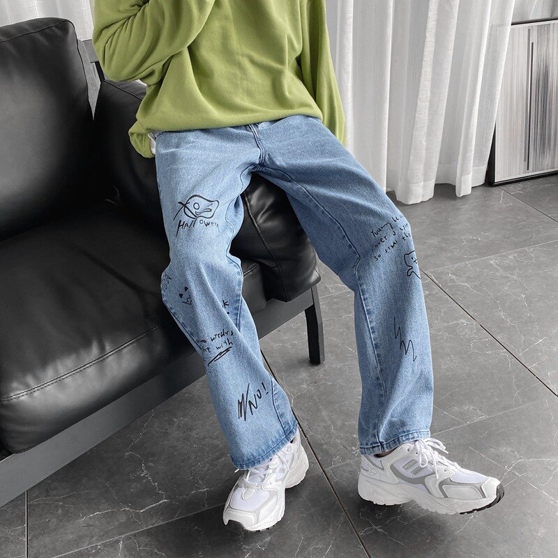 2022 Denim Jeans Men&#39;s Trendy Brand Loose Casual Ripped Hole All-match Nine Pants Youth Wide Leg Straight Pants