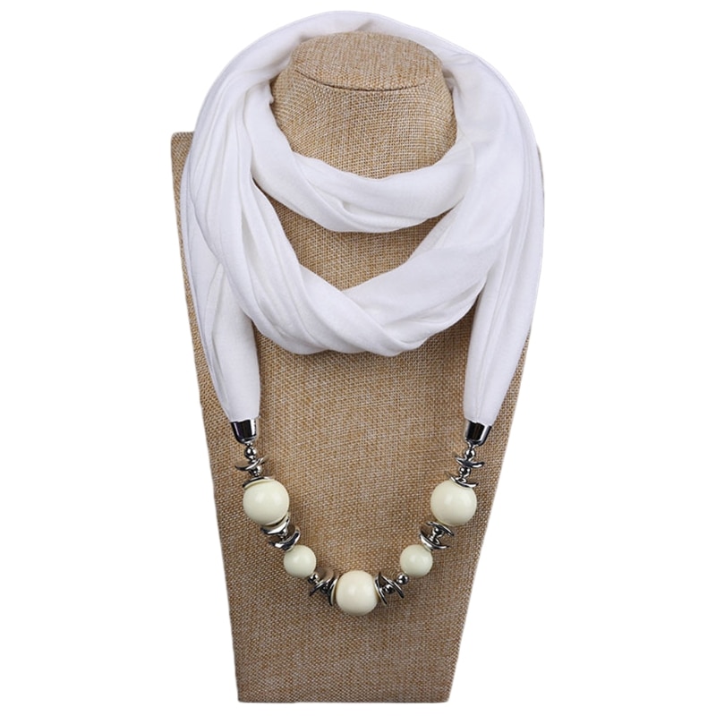 Womens Neckerchief Ring Scarf Necklaces Beads Solid Color Jewelry Shawl