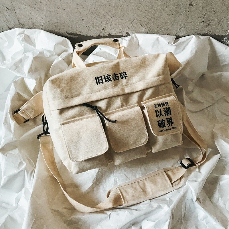 Sac à bandoulière rétro Hip Hop unisexe, sacoche en toile de rue, sacoche d&#39;école multi-poches poitrine, sac à main de taille pour femme: White Waist Bag