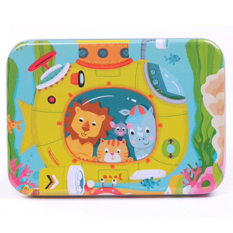 120 Stuks Houten Puzzel Cartoon Speelgoed 3D Hout Puzzel Met Ijzeren Doos Pakket Puzzel Kind Verbeteren Logisch Denkvermogen speelgoed