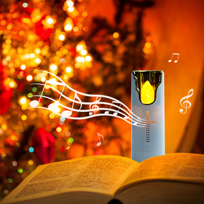 Bougie LED sans flamme pour prière, flamme oscillante avec haut-parleur musical, piles sèches, lampe à bougie en plastique pour église et tombe