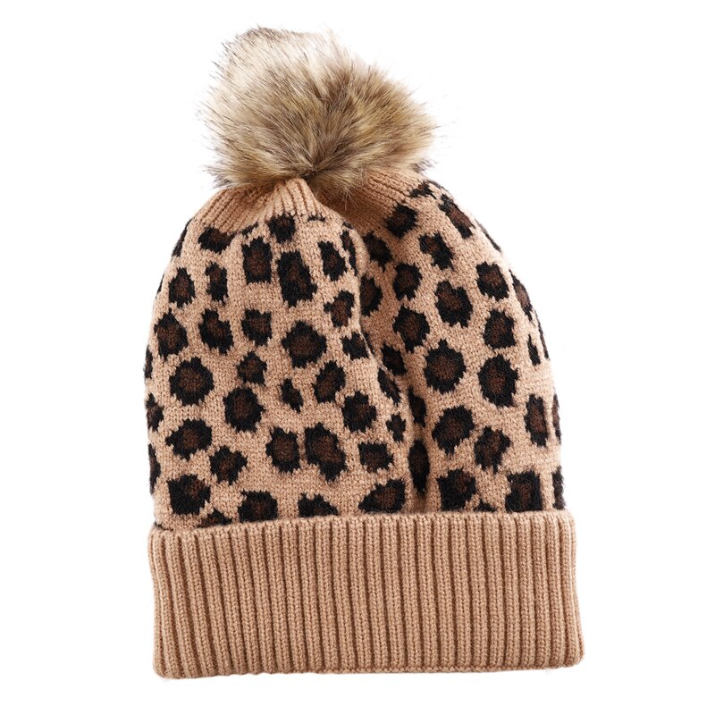 Cappello leopardato a tesa larga in lana morbida autunno e inverno da donna, stampa leopardata e palla di peluche: cachi 