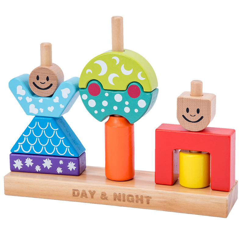 Wooden Toy Wood Shape Color Block Sun Moon DIY Hand Work Match Building Pillar Game Birthday Christmas #10