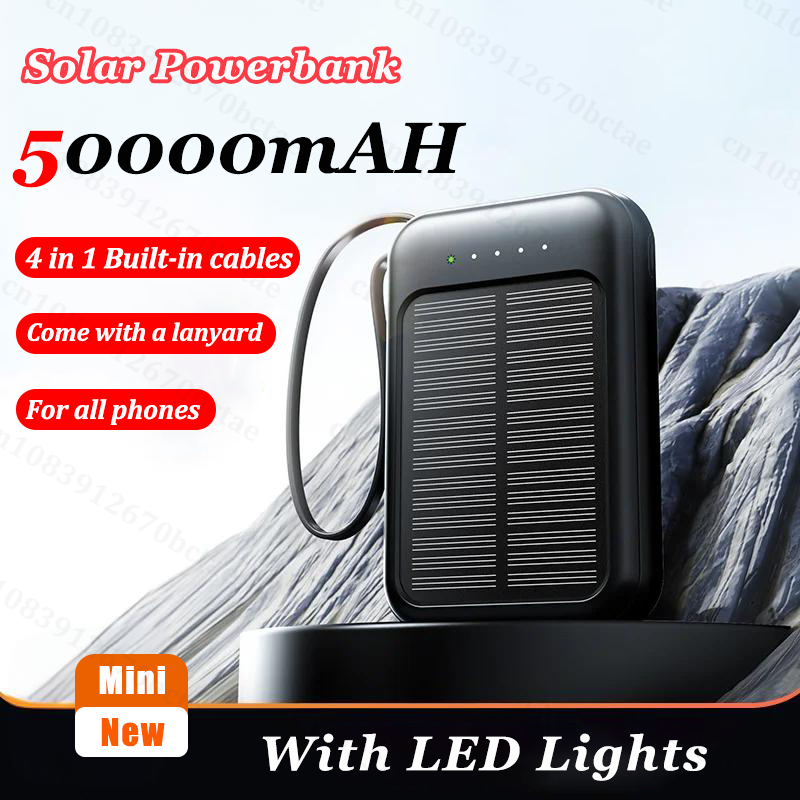 50000 mah solcelle-powerbank med 4 opladningskabler, led-lys, bærbar ekstern batterinødforsyning til alle mobiltelefoner