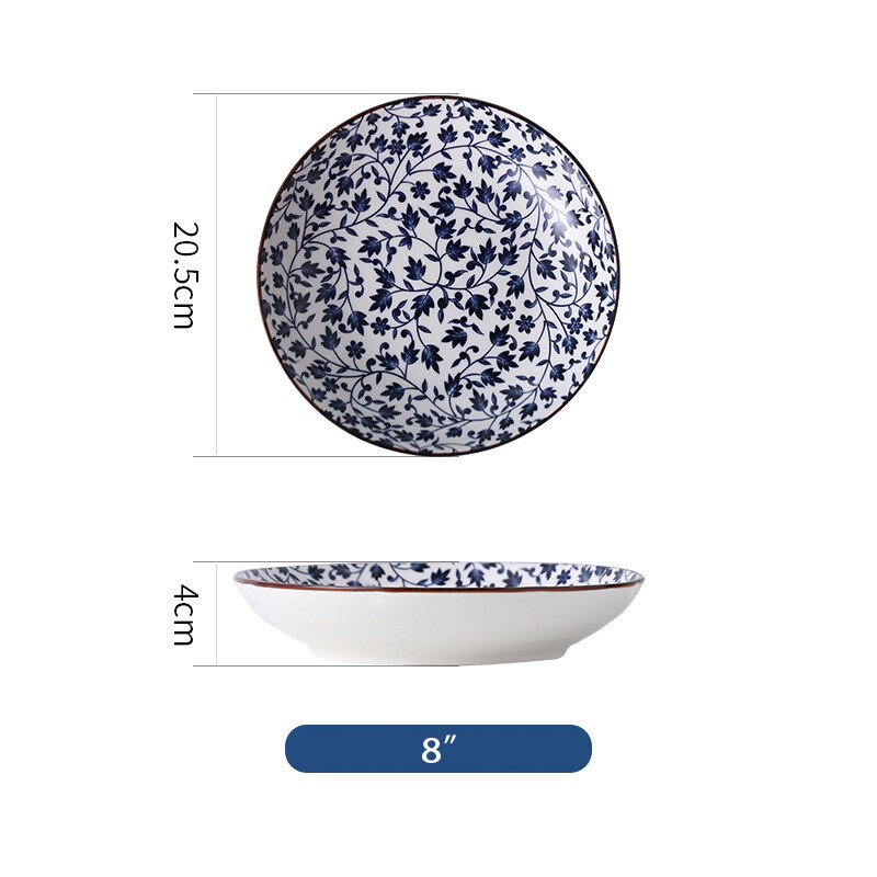 Vajilla de estilo chino con blanco y azul para pintar a mano de 8 pulgadas, platos de cerámica para fruta, ensalada, sopa: O