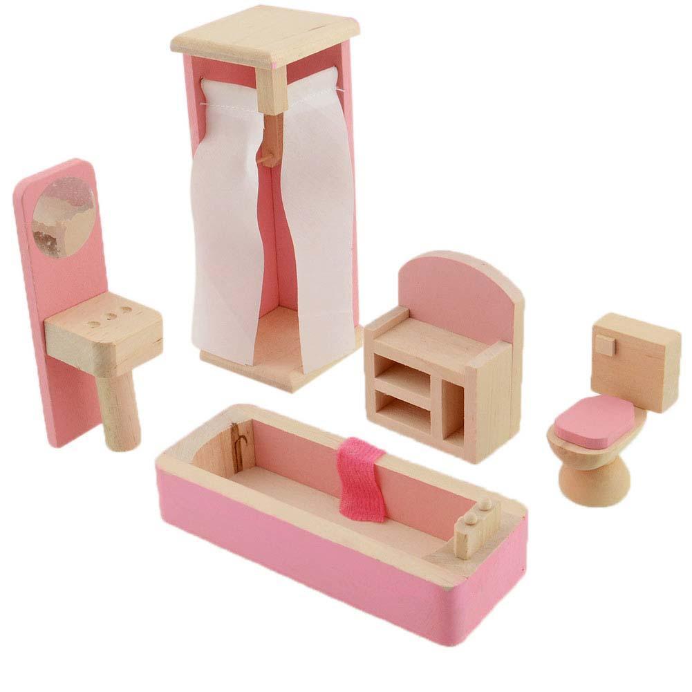 Giocattoli delicati in legno per mobili per case delle bambole Set in miniatura per bambini finta sale giochi accessori educativi per bambini: Bathroom set