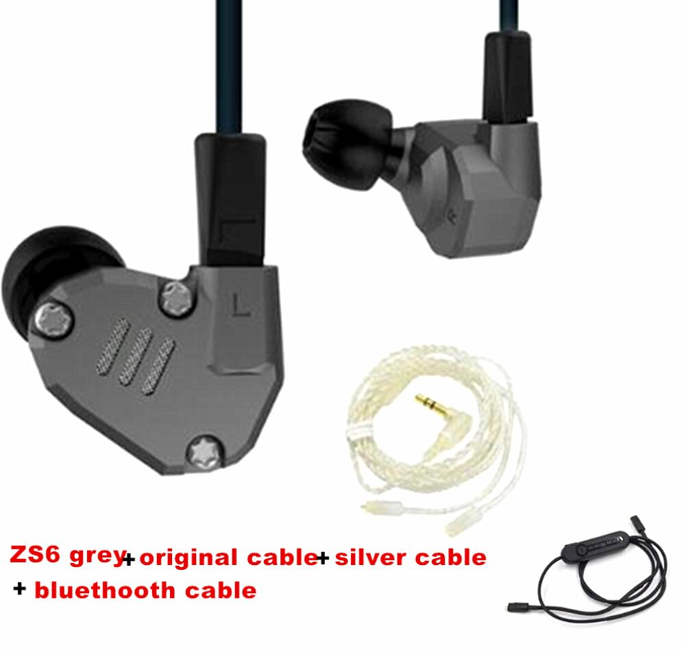 Kz ZS6 Grey Kleur 2DD + 2BA Hybrid In Ear Oortelefoon Hifi Dj Monito Running Sport Oortelefoon Oordopje Headset Metalen oordopjes Kz AS10: no mic 3 cables
