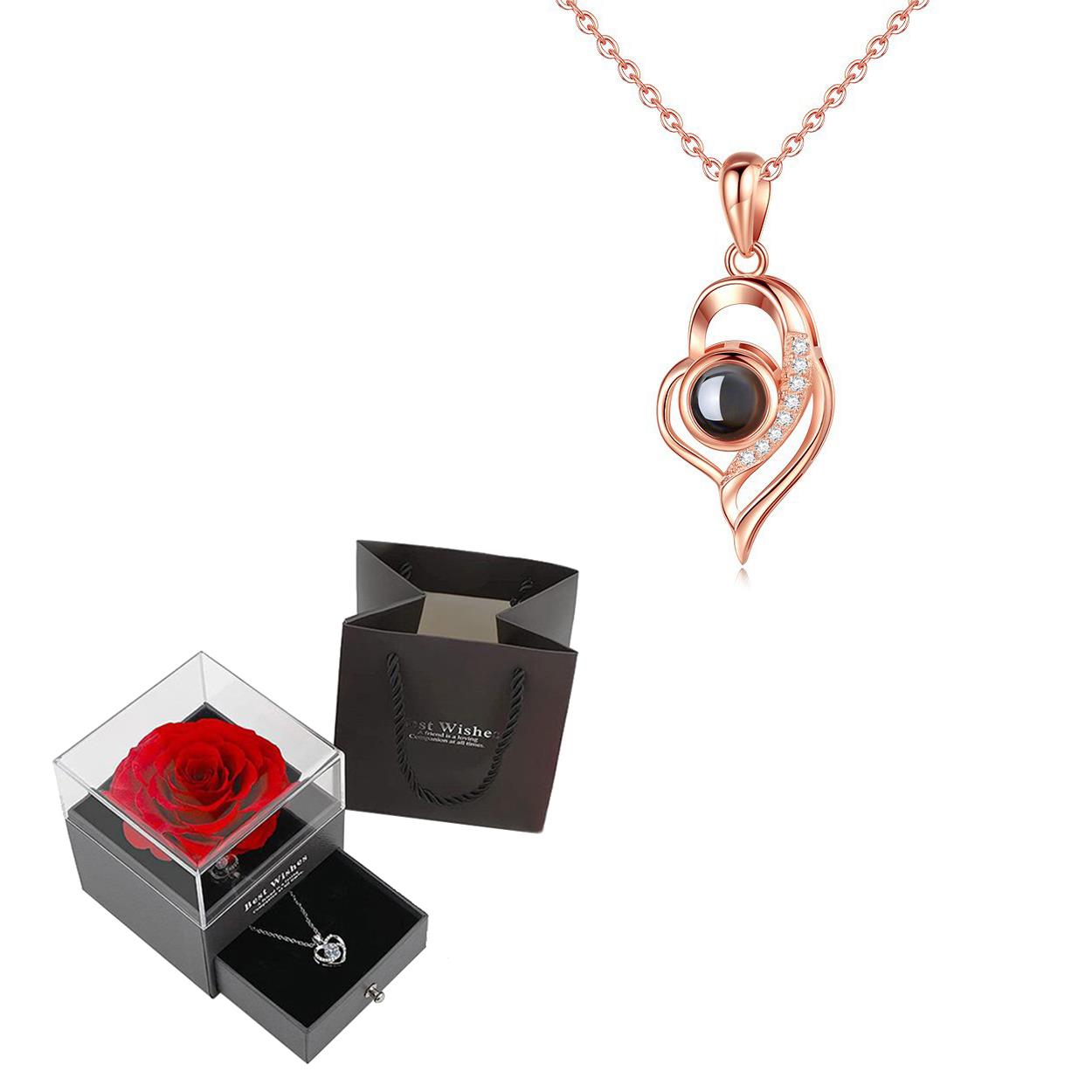 Conjunto de colar de projeção com caixa de presente rosa 100 idiomas eu te amo coração pingente jóias 2024 para presentes namorada dropshipping: Bronze antigo chapeado