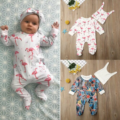 0-24M Baby Baby Meisje Jongens Bloemen Bodysuit Flamingo Romper Jumpsuit Hoofdtooi Winter Lange Mouwen Footies Pyjama Kleding