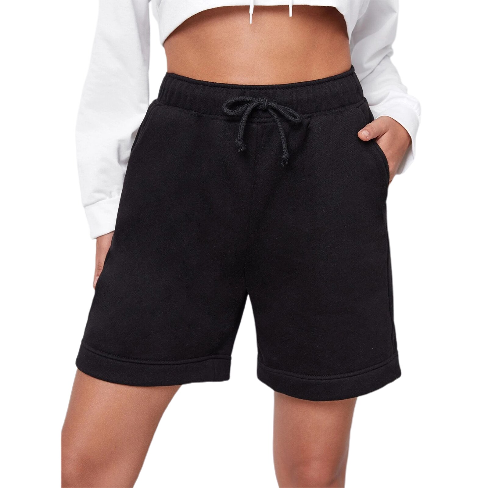 Mode Eenvoudige Solid Shorts Vrouwen Hoge Taille Trekkoord Straight Shorts Zomer Casual Shorts Joggingbroek Streetwear: Black / S