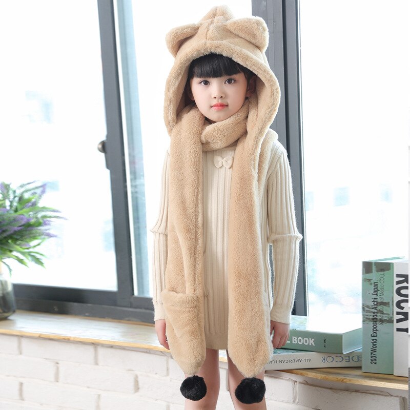 Conjunto de gorros y guantes de franela para niños y niñas, bufandas cálidas de invierno con dibujos animados, Unisex, 3 uds.: beige