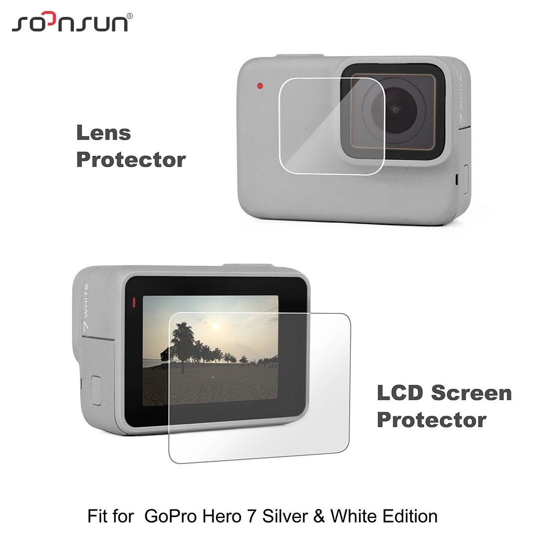 SOONSUN – Film de protection pour objectif et écran LCD, 4 pièces, avec capuchon pour objectif d&#39;appareil photo, pour GoPro Hero 7 6 5 Black Go Pro 7 argent/blanc