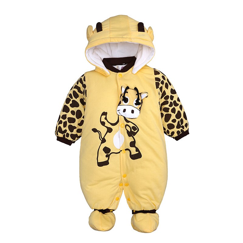 Winter Newborn Jumpsuit Printed Animal Baby Rompers Hoodie Clothes For 0-9M Boys Girls: yellow / 3M