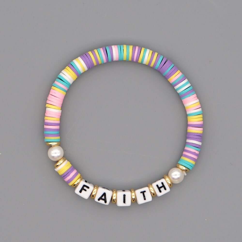 GO2BOHO Rainbow Polymer Clay Bracelets Faith Letter Heishi Beads Bracelet For Women Summer Beach Real Pearl Pulsera Jewelry: QT-B200145G