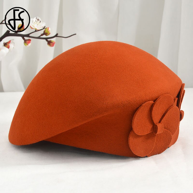 FS Winter Hats For Women Beret Wool Felt Fedora Hat Black Red Hats Wedding Church Party Cocktail Ladies Female French Artist Hat: caramel