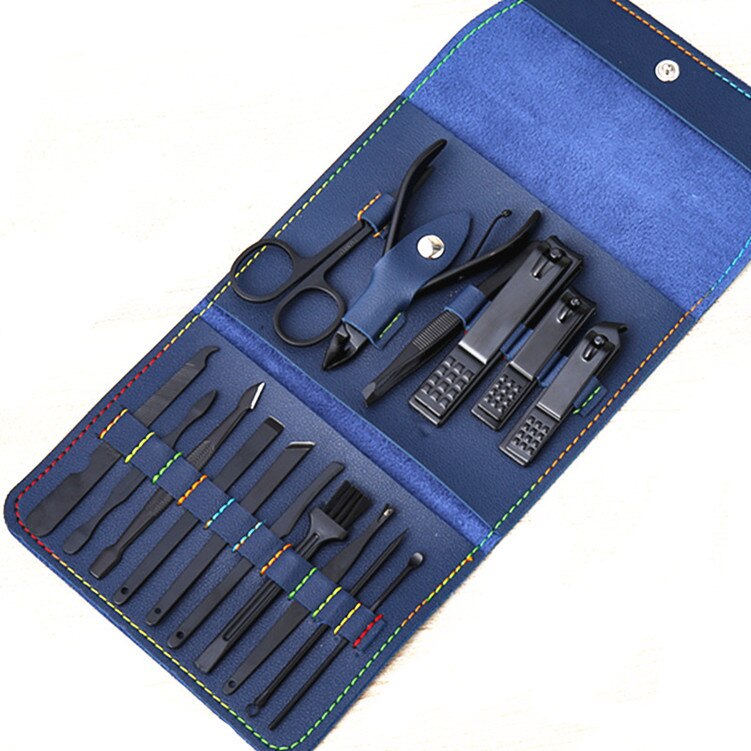 Nail Clippers Suit 4/12/16Pieces Nail Clippers Nail Scissors Fold Bag-Beauty Manicure Nail File Tool: 16pcs Black Blue