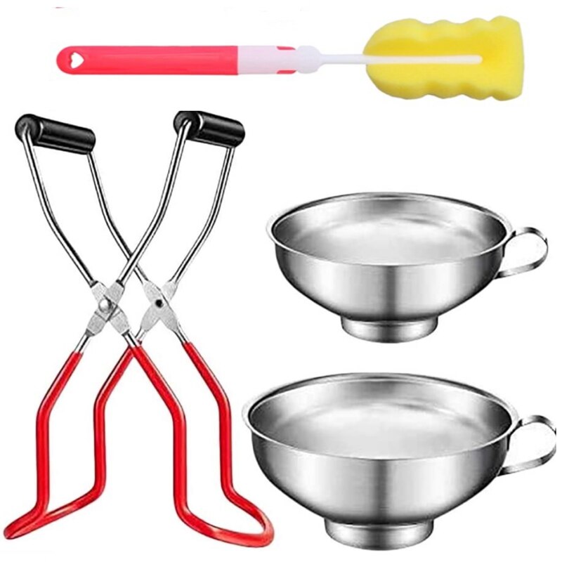 Kitchen Canning Tool,Kit-4-Piece Stainless Steel Canning Funnel Canning Jar Lifter with Grip Handle and Sponge: Red