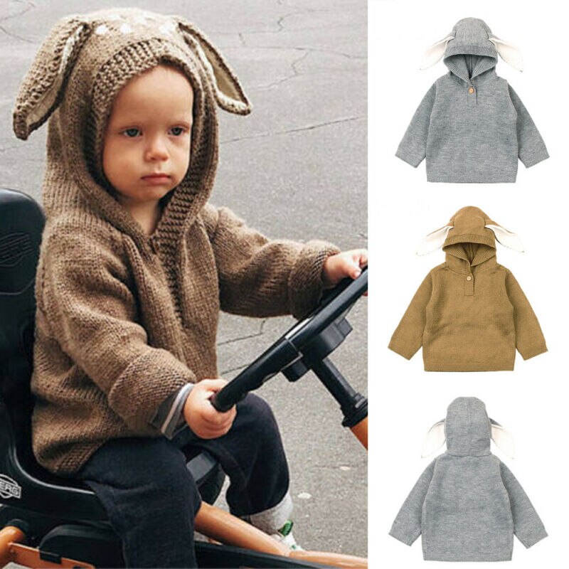 Cute Winter Toddler Baby Sweaters Kids Boys Girls Rabbit Ear Sweatshirt Hoodie Sweater Warm Knit Tops Lovely Baby Clothes