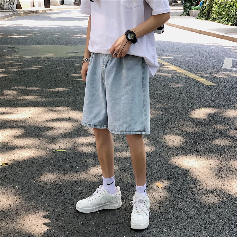 Summer Tooling Denim Shorts Men Korean Casual Loose Straight Denim Shorts Men Harajuku Streetwear Denim Half Pants Men