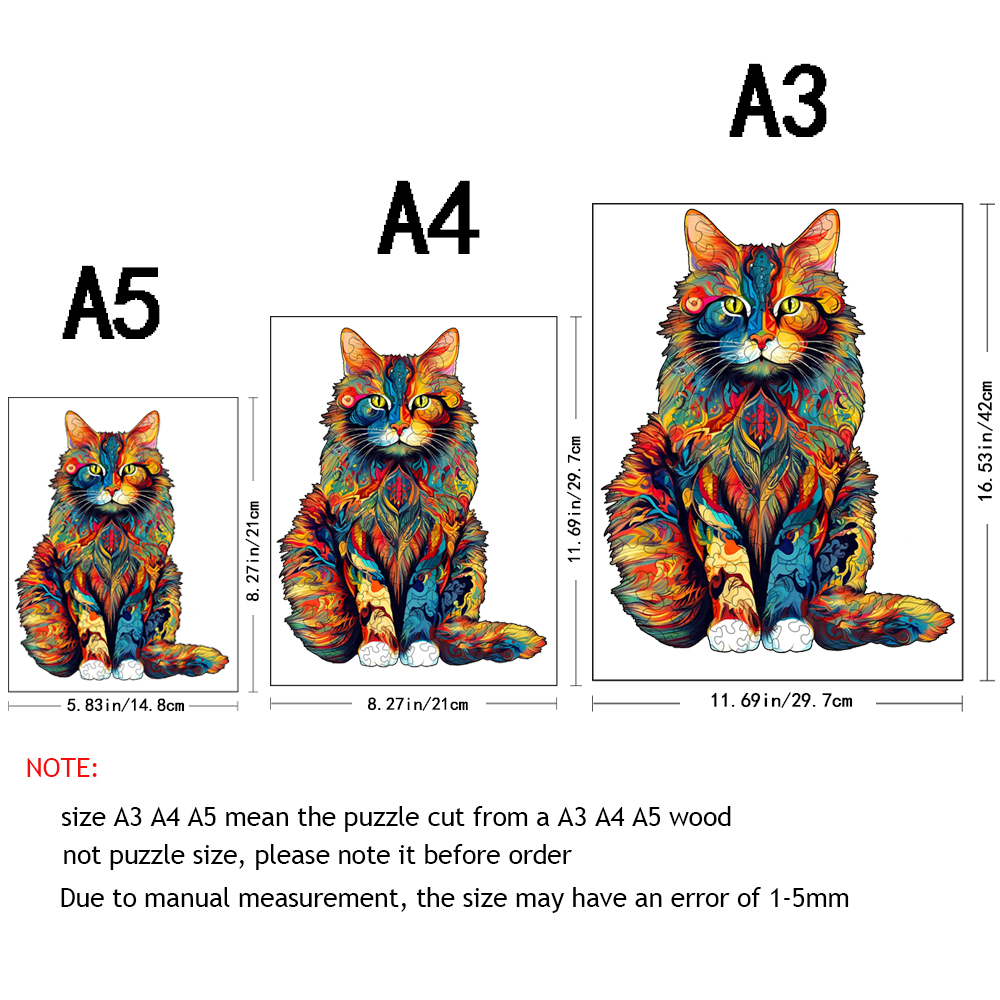 Rompecabezas de madera de arte de gato colorido: forma animal irregular única, alta dificultad, juguete para mejorar el cerebro