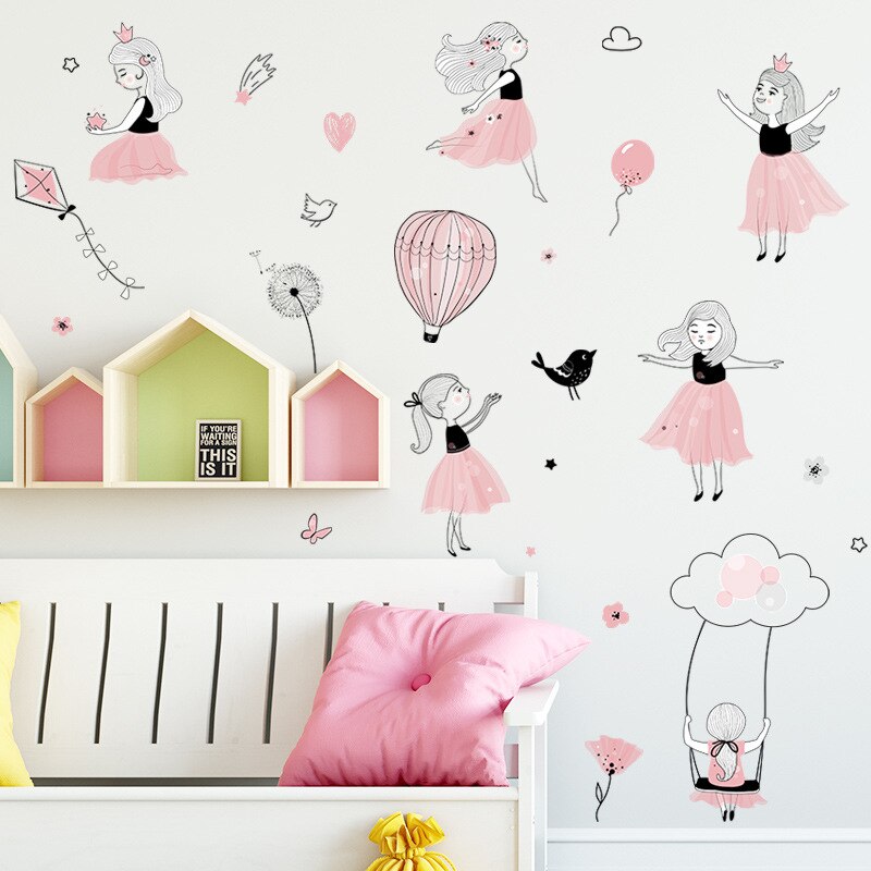 Pink Princess Playing Wall Stickers Cartoon Girl Vinyl Wall Decals for Children Baby Room Bedroom Decoration Girl Stickers Mural