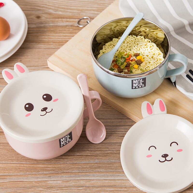Stainless Steel Double Ramen Bowl Instant Noodle Bowl Anti-scalding Cute Rabbit