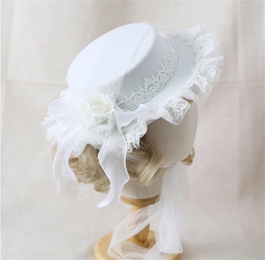 Retro Meisje Lolita Kant Bloem Roos Hoed Prachtige Elegante Thee Party Platte Cap Gothic Hoed B1747: white