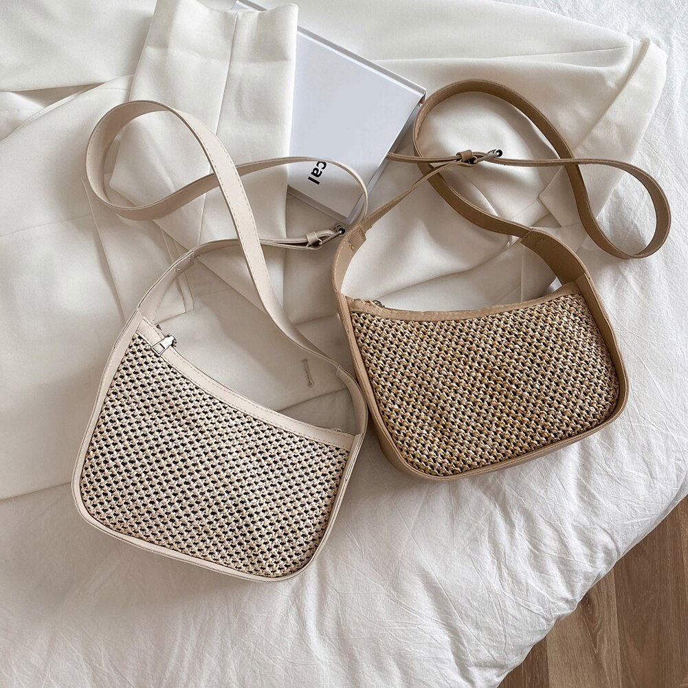 Kleine gewebte hobo-umhängetasche für damen, lässige handtasche für strandurlaub, crossbody-tasche