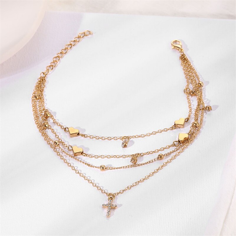 Bracelet de cheville croisé en cristal doré pour femmes, bijoux d&#39;été, multicouches, chaîne de pied, accessoires de plage