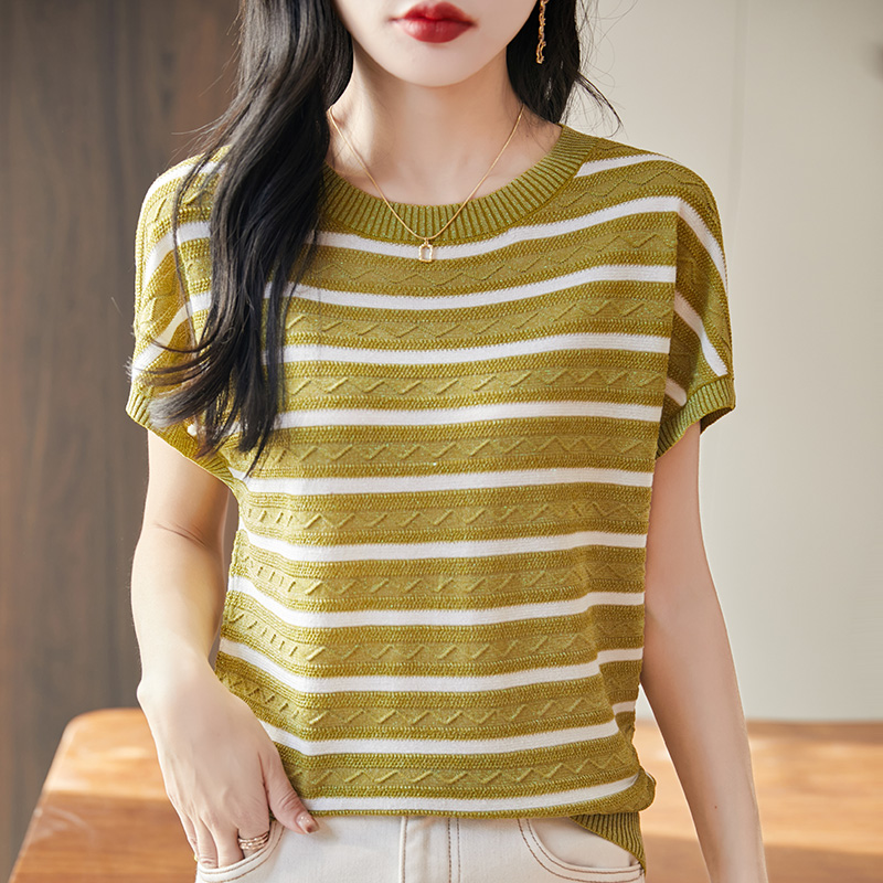 Summer women's T-shirt Lyocell knitted short sleeved casual striped Tees loose round neck Tops Blouse: XL / Yellow