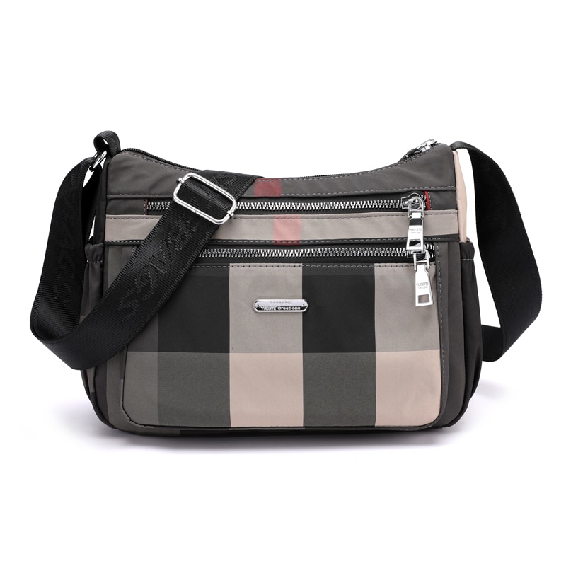 Casual Women&#39;s Shoulder Bag Nylon Waterproof Plaid Crossbody Bag Soft Zip Multi Pocket Versatile Purses And Handbags Sac: Gray