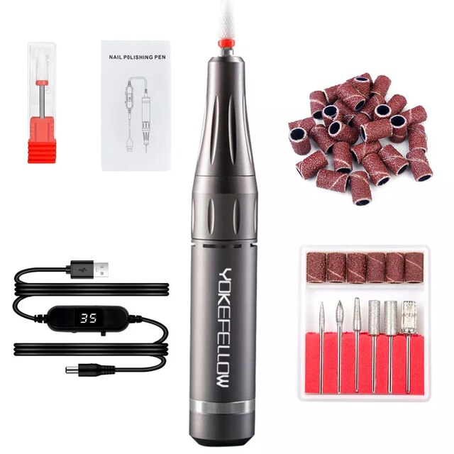 Electric Nail Drill Machine For Acrylic Gel Polish File With Cutter Strong Nail Sander 30000RPM Cordless Portable Nail Drill Pen: 35000RPM-GY