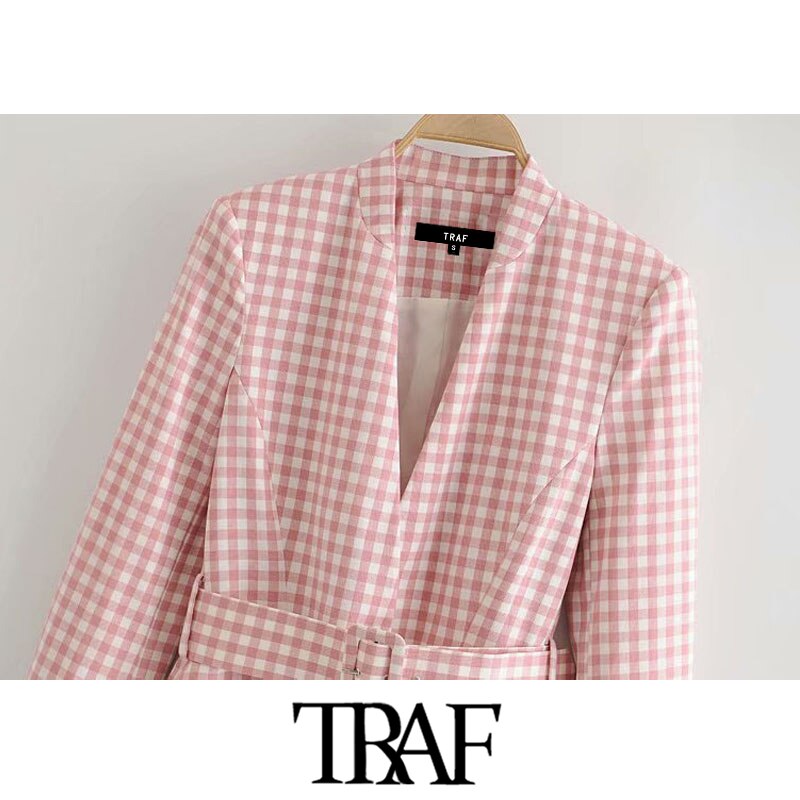 Traf kvinder kontortøj med bælte plaid blazer frakke vintage langærmede lommer kvindeligt overtøj smarte toppe